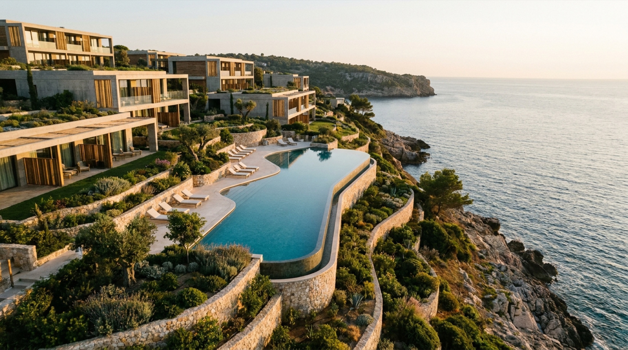 Uçurum üstü modern bir resort havuzu ve deniz manzarası, gün batımı
