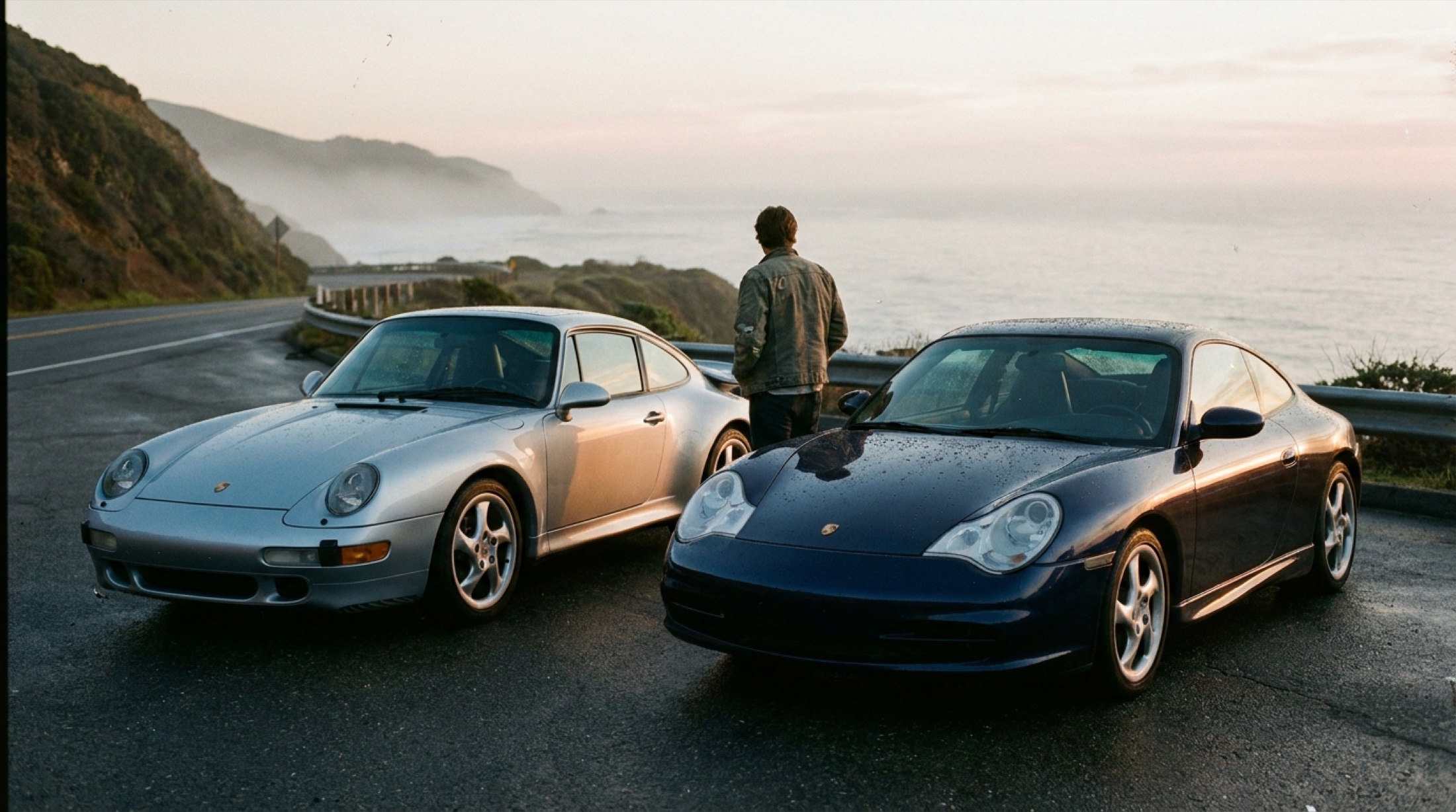 Klasik hava soğutmalı Porsche 911 ile modern 992 nesli yan yana, arka motor kapağı açık