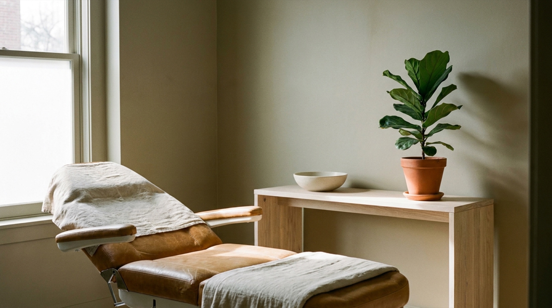 Minimalist bir estetik kliniğin sakin, aydınlık iç mekânı