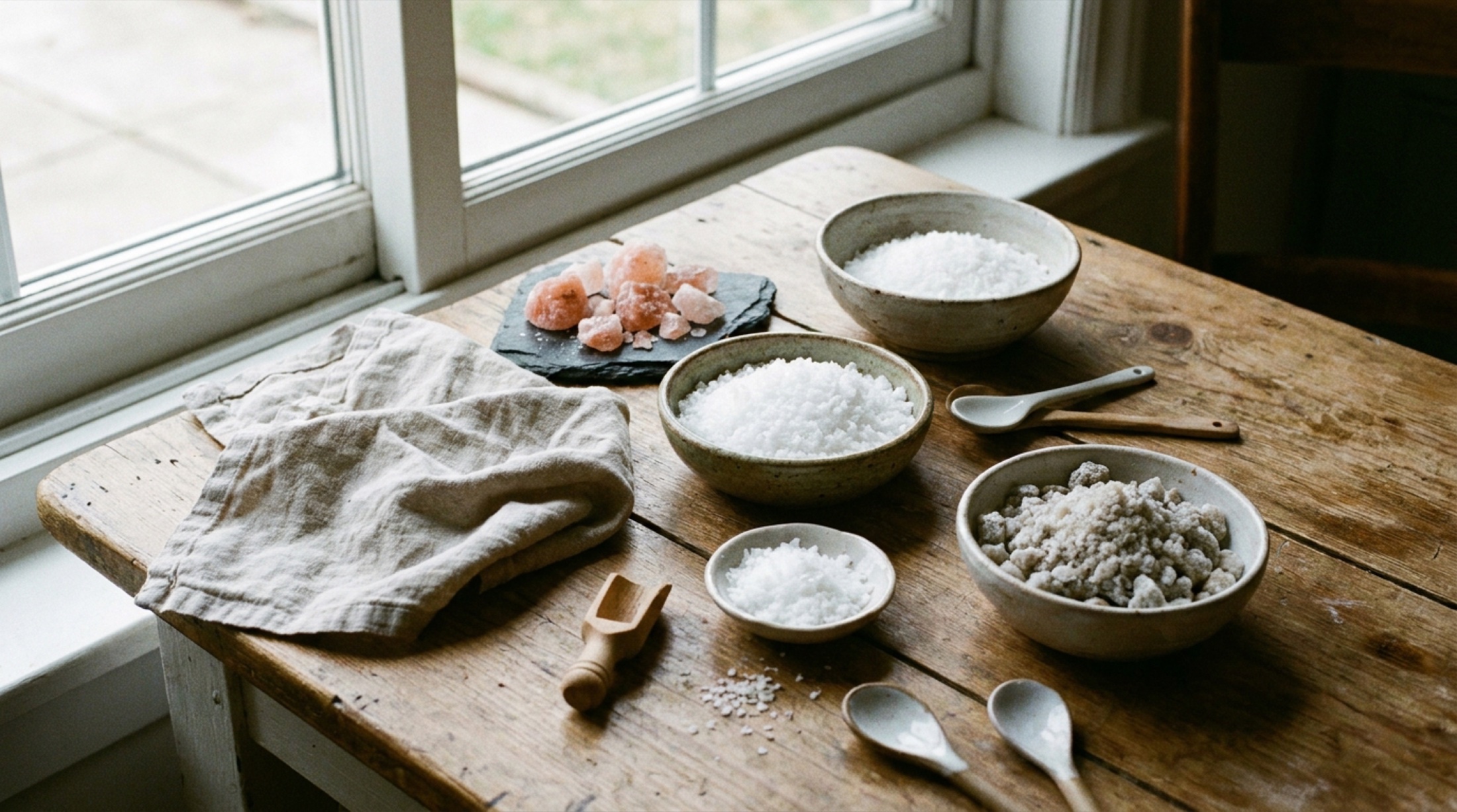 Ahşap kaşık üzerinde beyaz fleur de sel kristalleri, koyu arka plan