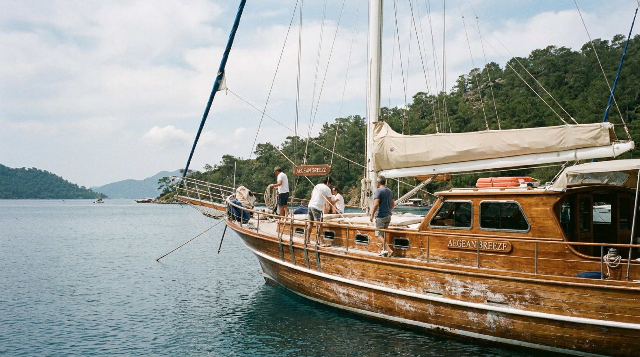 Göcek koyunda sabah ışığında sıra sıra tekneler ve dağlık arka plan