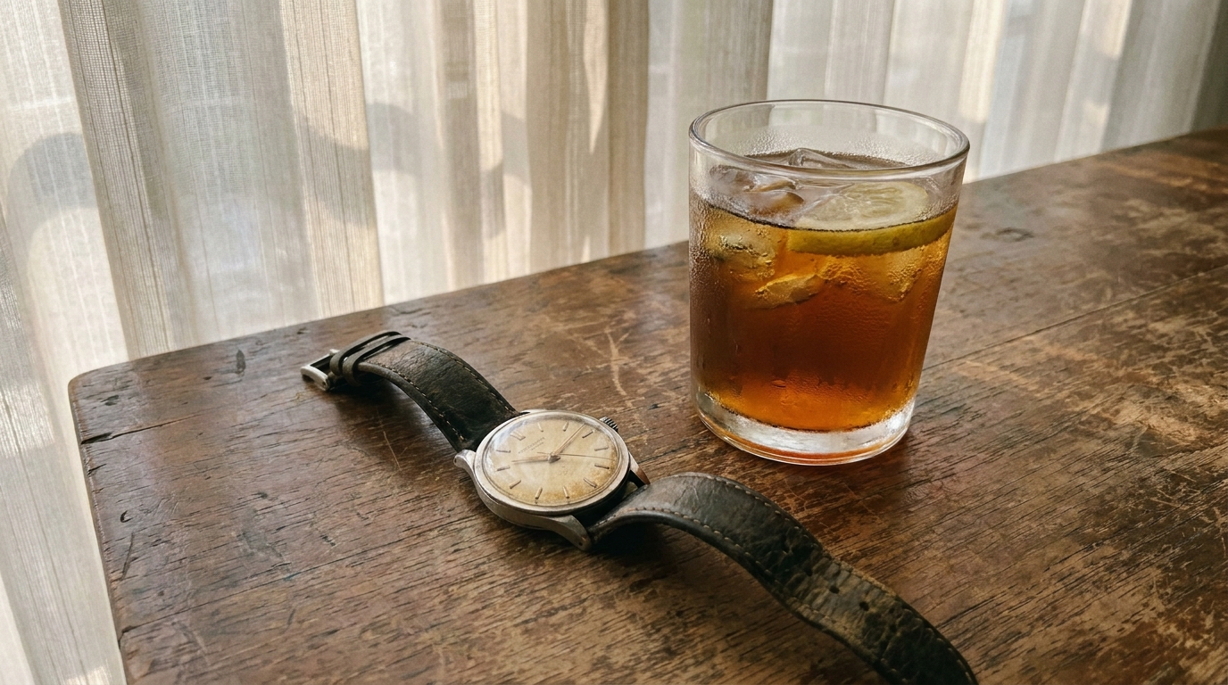 Vintage bir Patek Philippe Calatrava, krem rengi patinalı kadranıyla eski bir ahşap masada, yanında bir fincan buzlu çay.