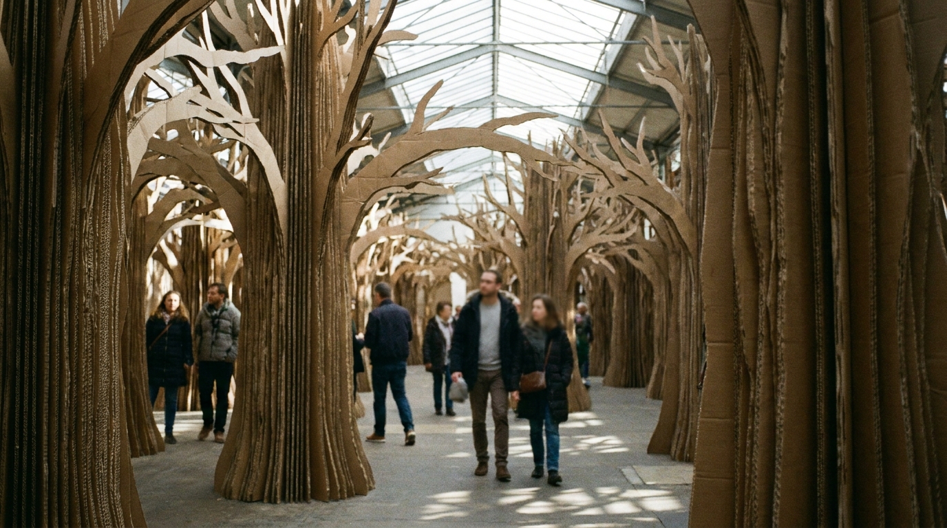 Eva Jospin'in Art Basel 2026 Unlimited bölümündeki 'Panorama' adlı karton orman enstalasyonu, izleyiciler kemerli geçitlerin altından yavaşça geçiyor.