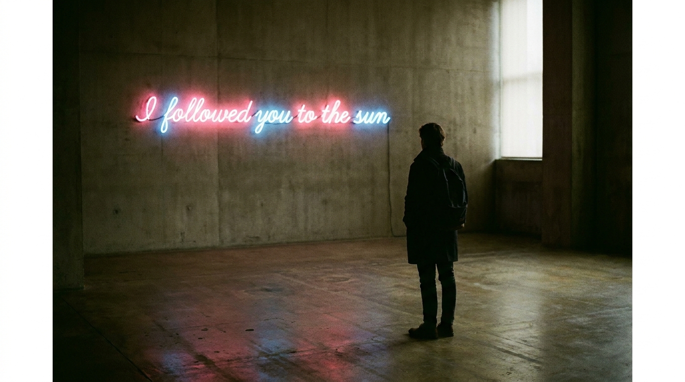 Tracey Emin'in Tate Modern'deki retrospektifinden bir neon işi, loş bir odada 'I followed you to the sun' yazısı pembe-mavi ışıkla parlıyor, önünde tek bir izleyici duruyor.