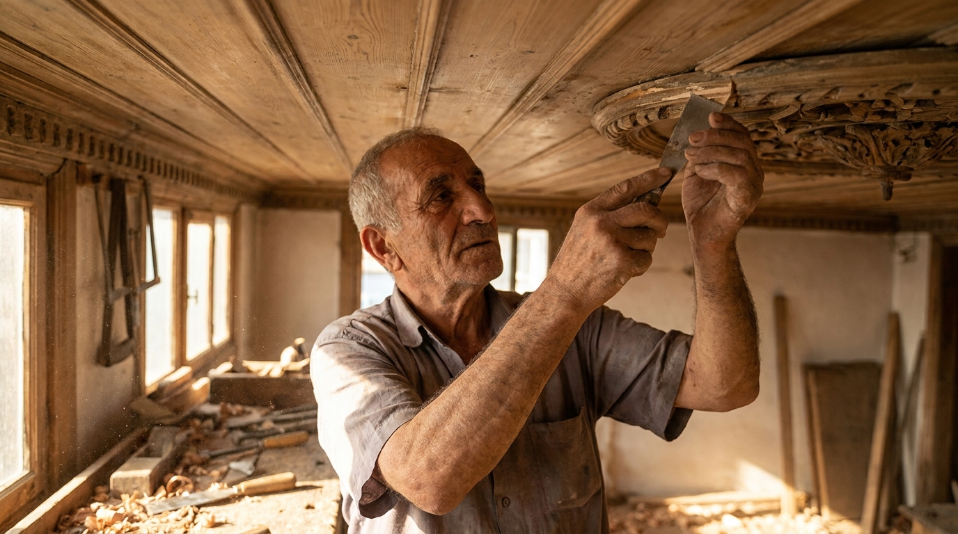 Kısa kollu gömlek giymiş yaşlı bir usta, bir yalının oyma ahşap tavan detayını spatulayla temizliyor; tozlu ışık huzmesinin içinde, yüzünde yorgun bir gülümseme var.