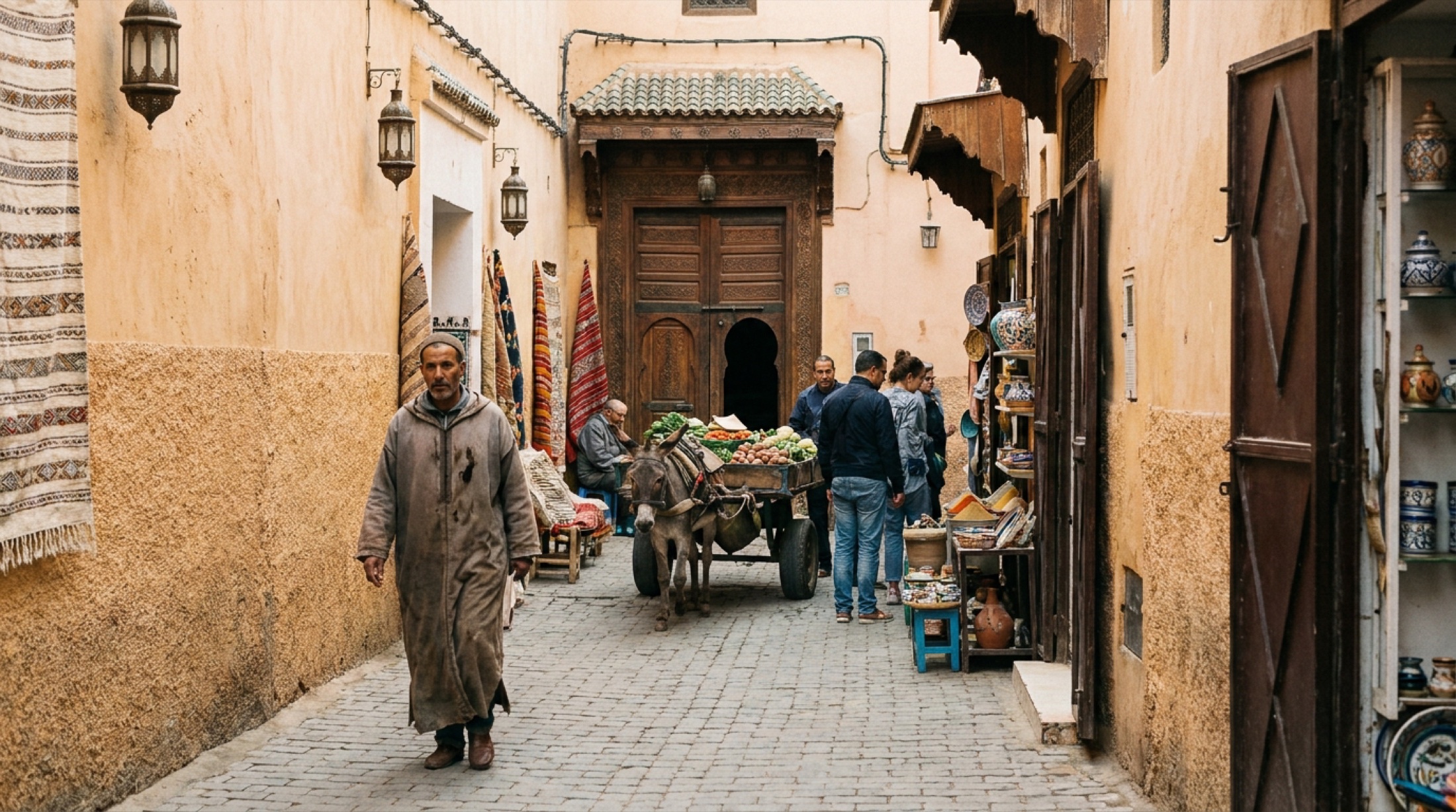 Dar taş sokaklarda turuncuya boyanmış duvarlar ve asılı fenerler, gün doğumunda Marakeş medina sahnesi