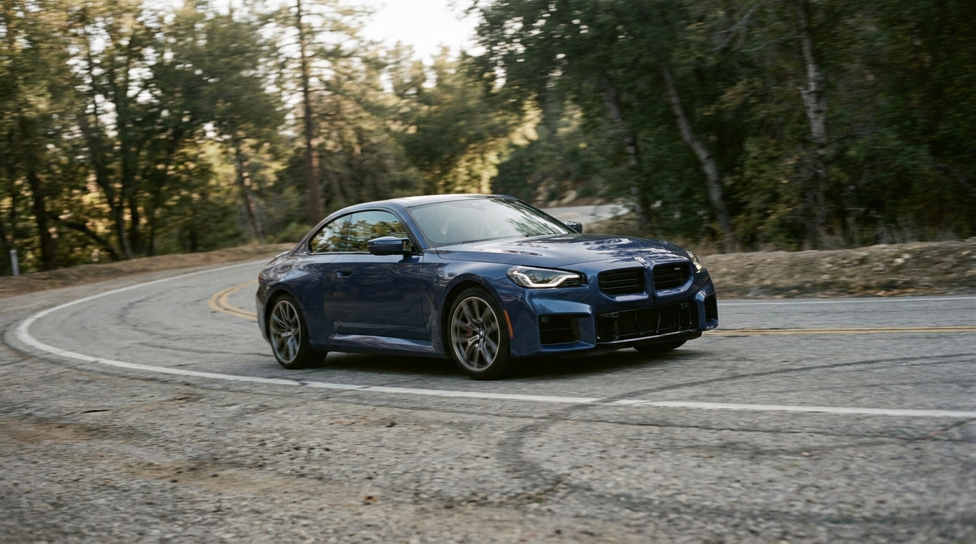 2026 BMW M2 xDrive G87, kavisli bir dağ yolunda, arka planda çam ağaçları ve bulutlu gökyüzü