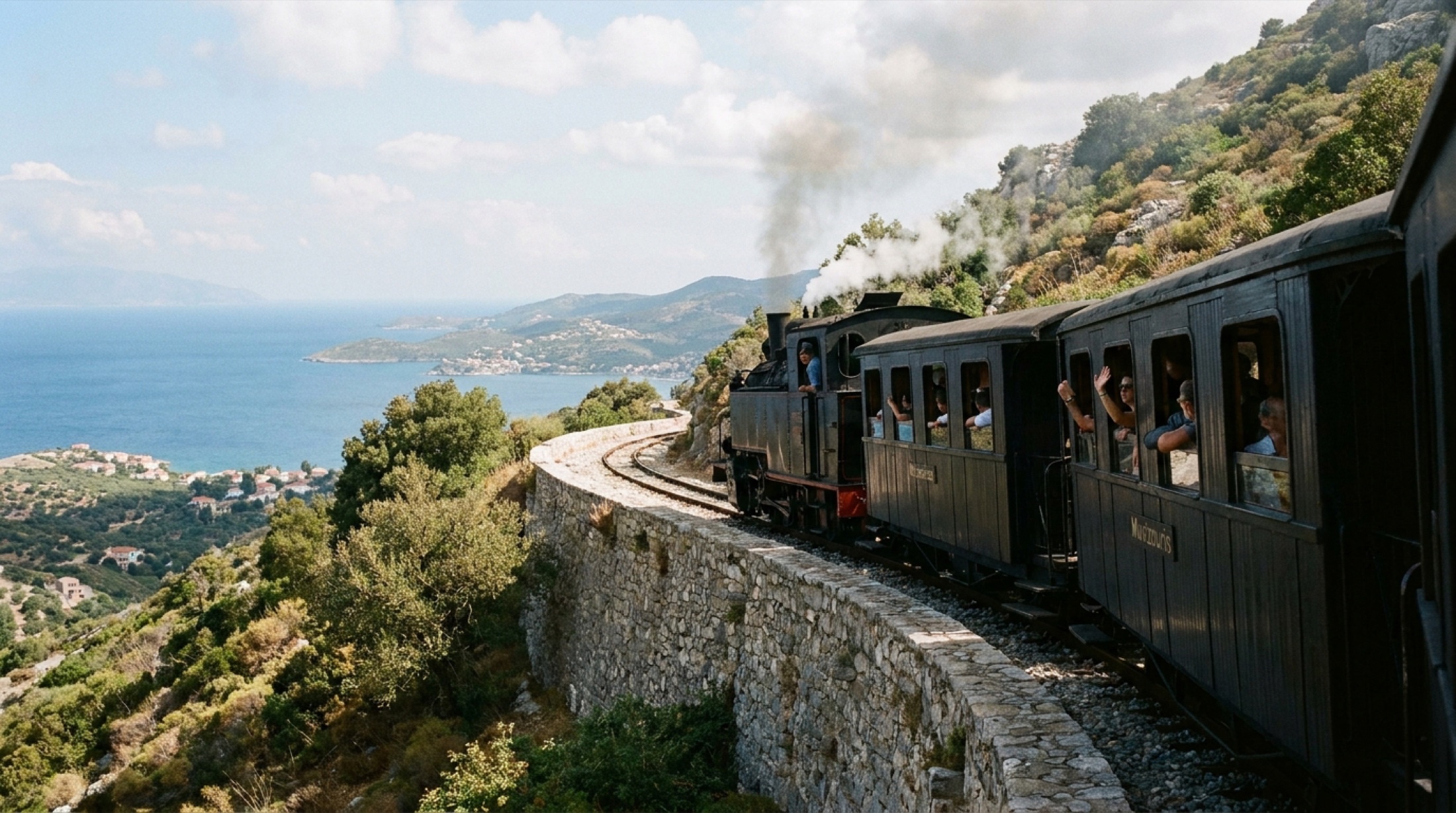 Pelion yarımadasında dar yamaçtan inen tarihi Moutzouris treni, çam ve zeytin ağaçları arasında ilkbahar manzarası