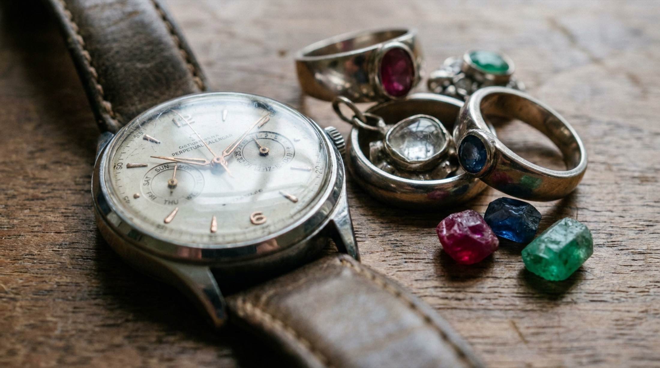 Safir köprüler arasında görünen mekanik takvim dişlileri — perpetual calendar komplikasyonunun kalp atışı, saat atölye görüntüsü.