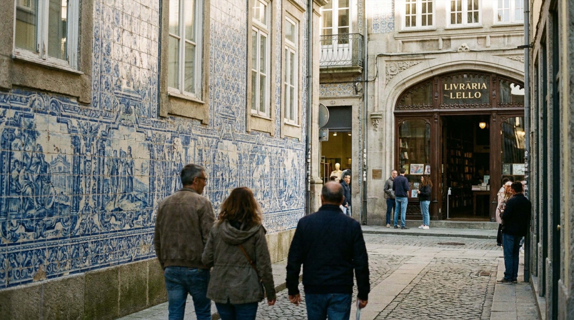 Porto São Bento tren garının içi — mavi beyaz azulejo panolarla kaplı duvarlar ve yüksek tavan, sabah ışığında