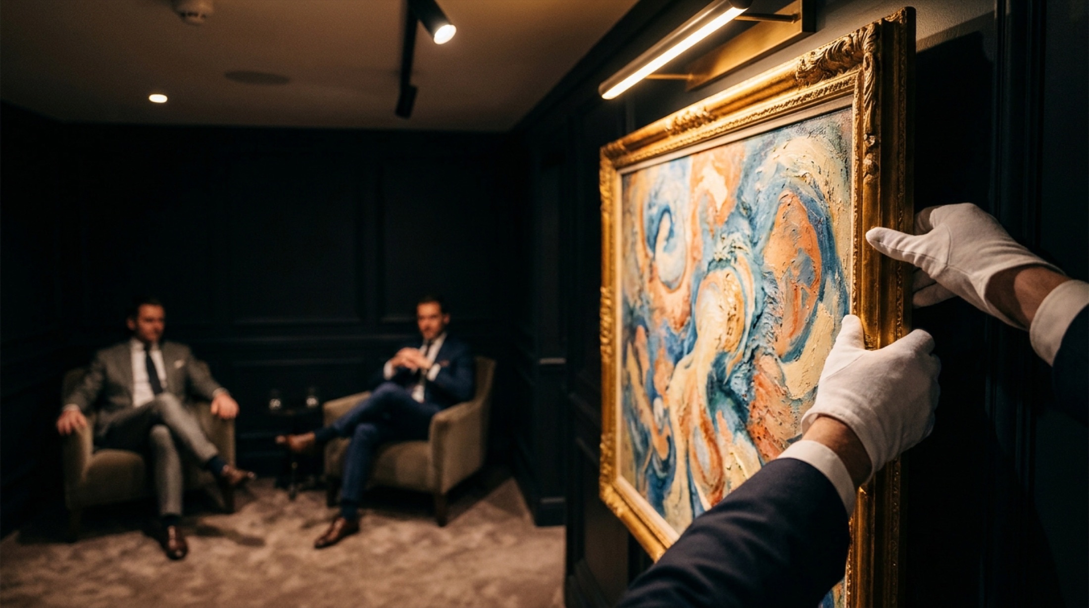 Eldivenli eller bir tablonun çerçevesini tutuyor, galeri ışığı