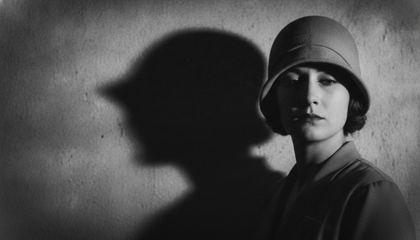 1920'lerden bir sessiz film karesi: Bir kadının gölgesi boş bir duvarda devleşirken, yüzündeki ifade ışığın kavisleriyle okunuyor.