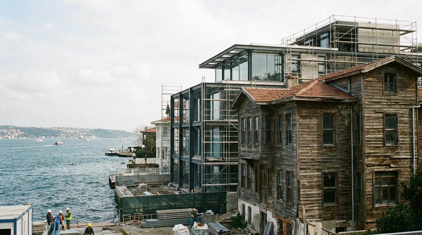 İstanbul Boğazı kıyısında eski bir ahşap yalının yanında yükselen modern bir rezidans inşaatı.