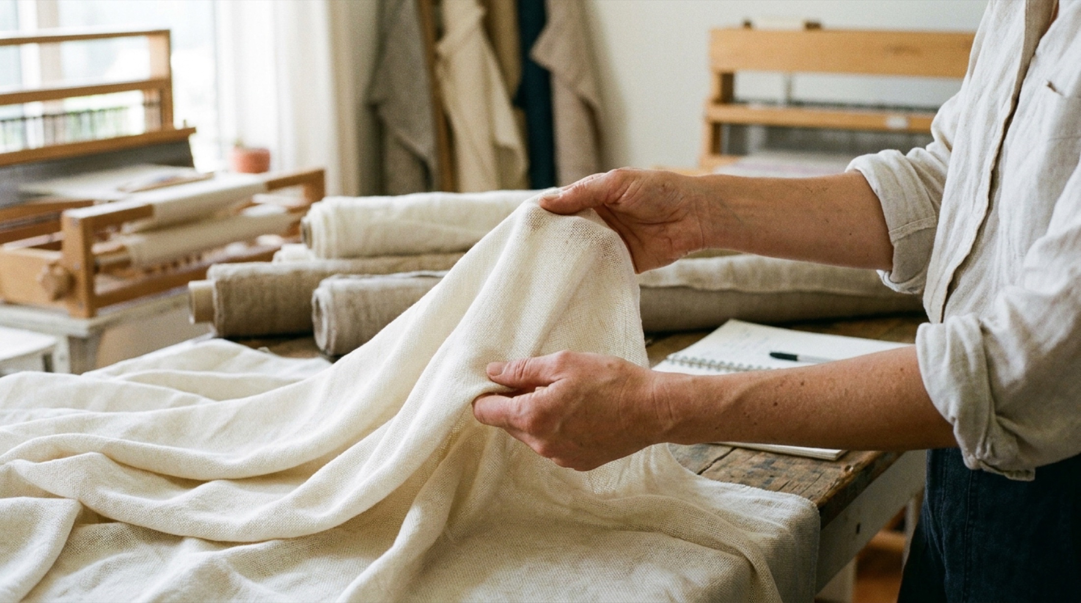 Açık bej Tencel kumaşı tekstür yakın çekim, doğal kıvrımlar ve ışık geçirgenliği