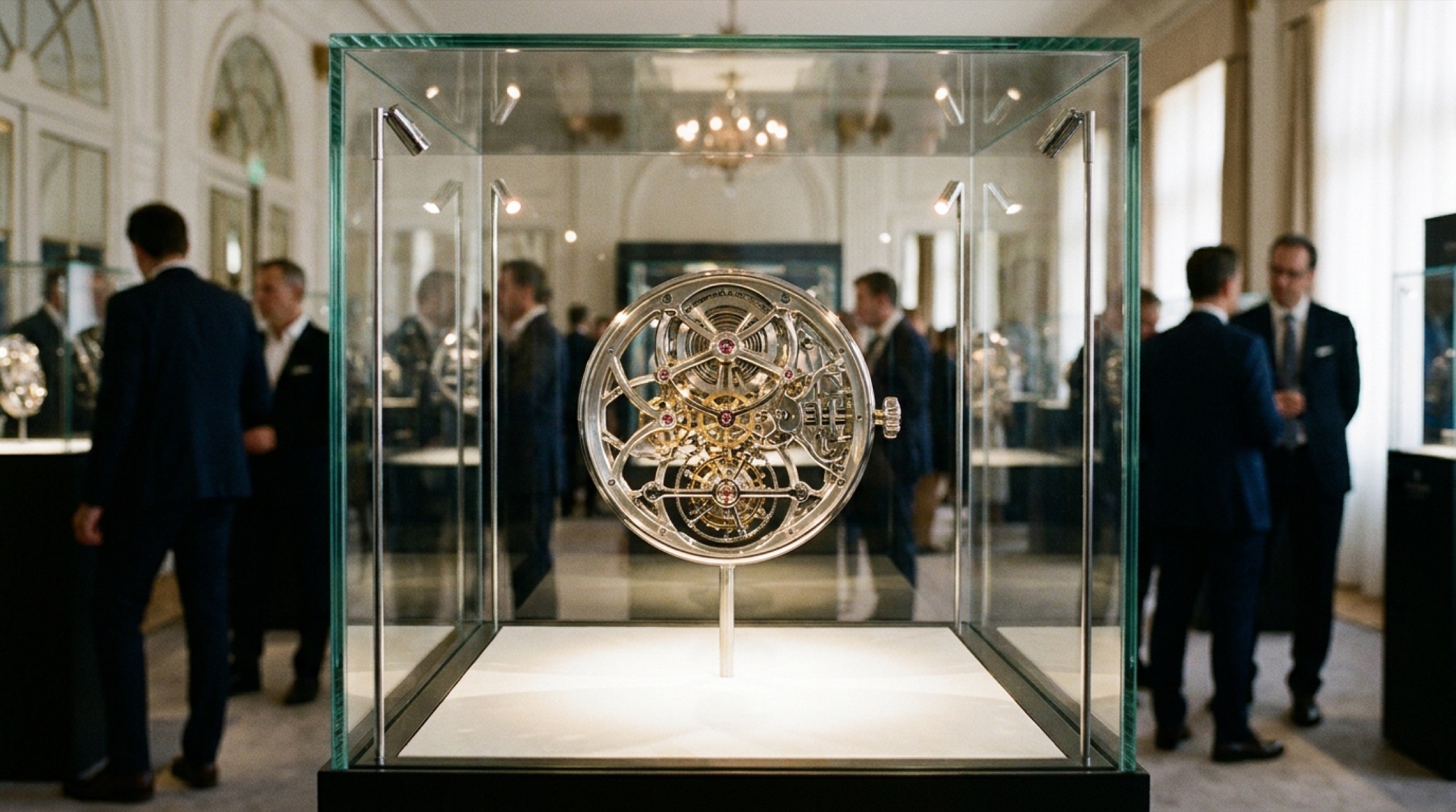 Haute horlogerie fuarında vitrin içinde ışıldayan bir saat mekanizması
