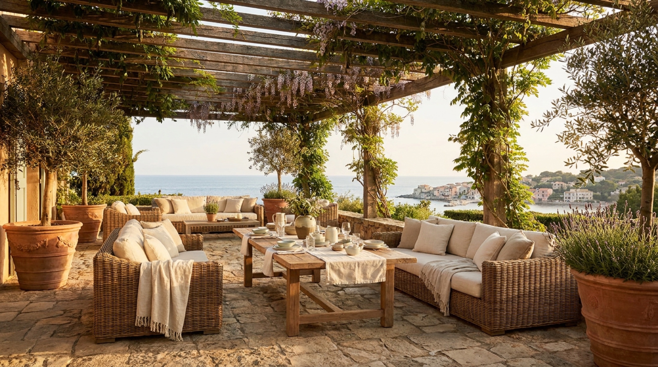Altın saatte pergola gölgesinde, doğal taş zeminli, keten minderli ve toprak saksılı lüks bir Akdeniz terası.